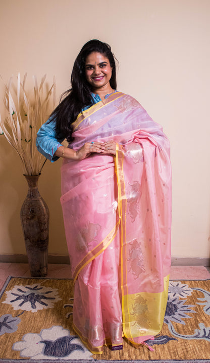 Banarasi Cotton Silk Fabric Nandi Weaved Motifs Golden Silver Weaving - Pink