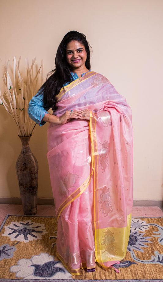 Banarasi Cotton Silk Fabric Nandi Weaved Motifs Golden Silver Weaving - Pink