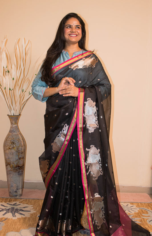 Banarasi Cotton Silk Fabric Nandi Weaved Motifs Golden Silver Weaving - Black