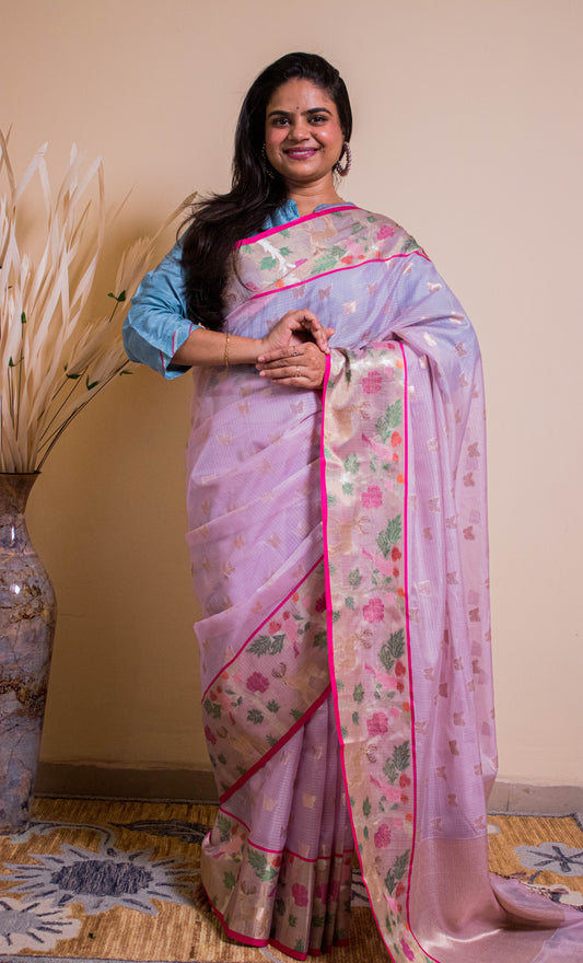 Deer And Bird Motif Paithani Weaved Border Butterfly Buti - Purple