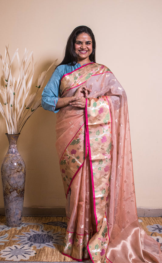Cottan Banarasi Saree Jamdani Border Golden Silver Weaving - Blue