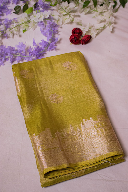 Banarasi Tissue With Ghaat Border - Green