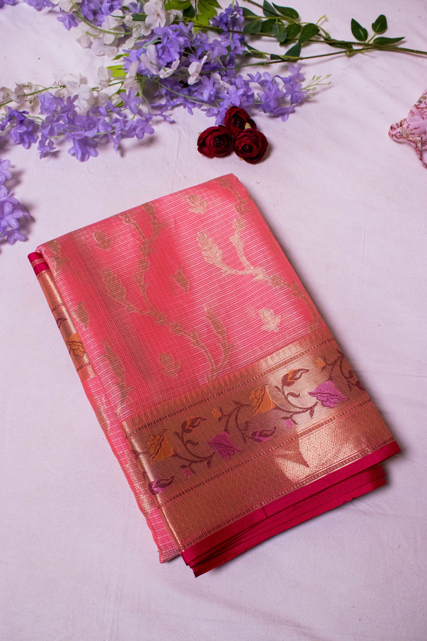 Banarasi Cotton With Paithani Weaved Border Jaal Buti - Peach
