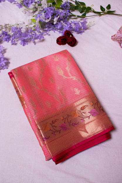 Banarasi Cotton With Paithani Weaved Border Jaal Buti - Peach
