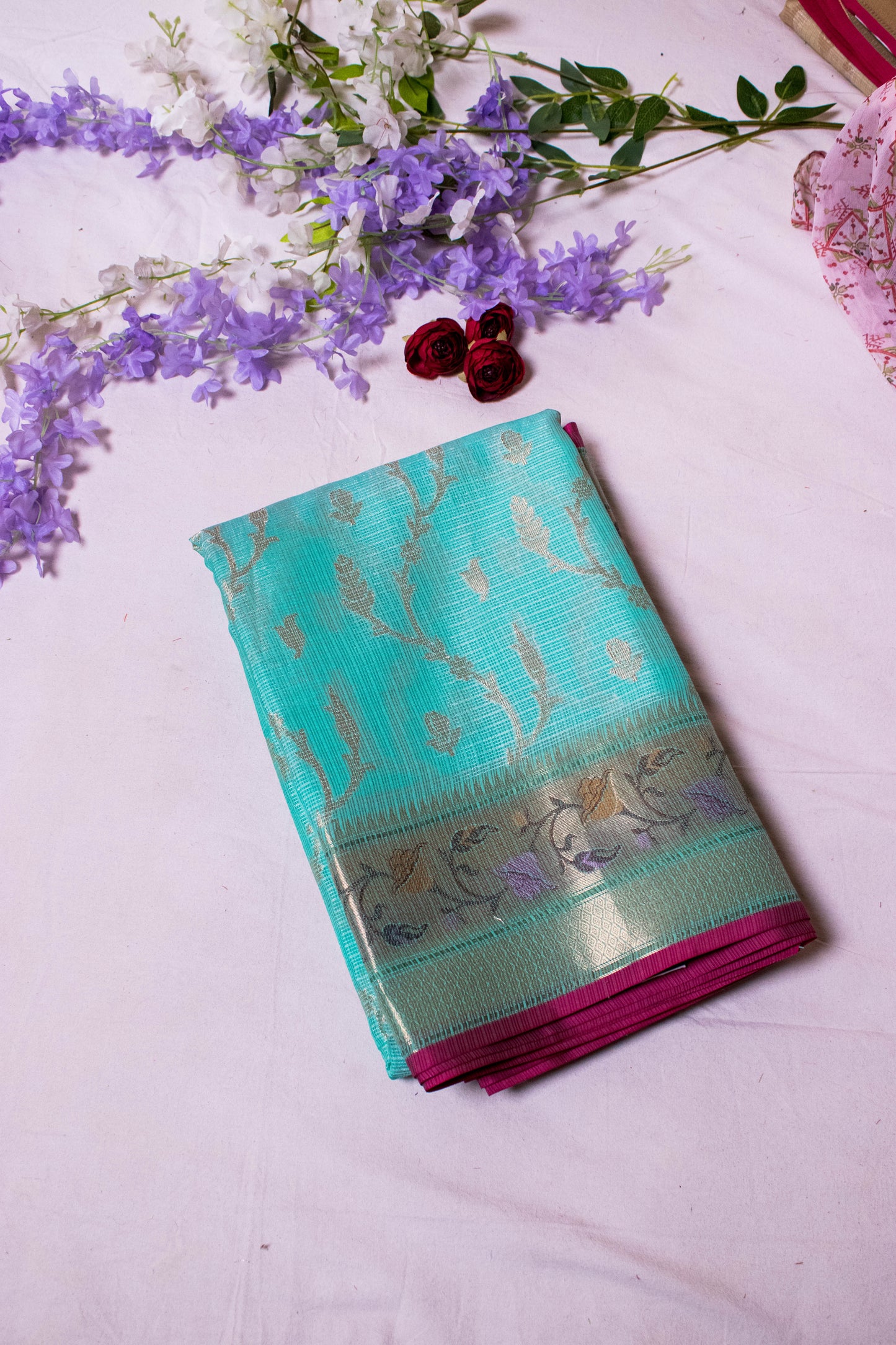 Banarasi Cotton With Paithani Weaved Border Jaal Buti - Blue