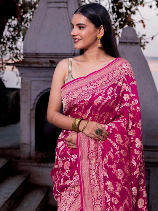 Colorful Banarasi Georgette Khaddi Silk Saree In Shikargah Weaving