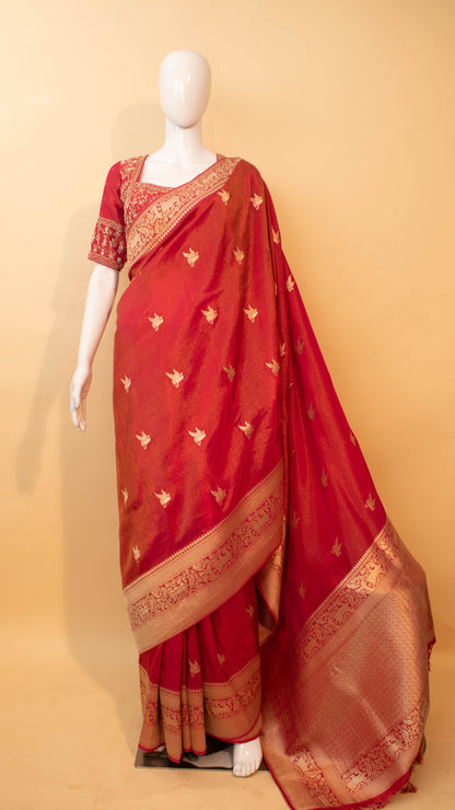 Designer Handwork Blouse With Tissue Weaving Saree - Pink