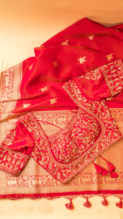 Designer Handwork Blouse With Tissue Weaving Saree - Pink