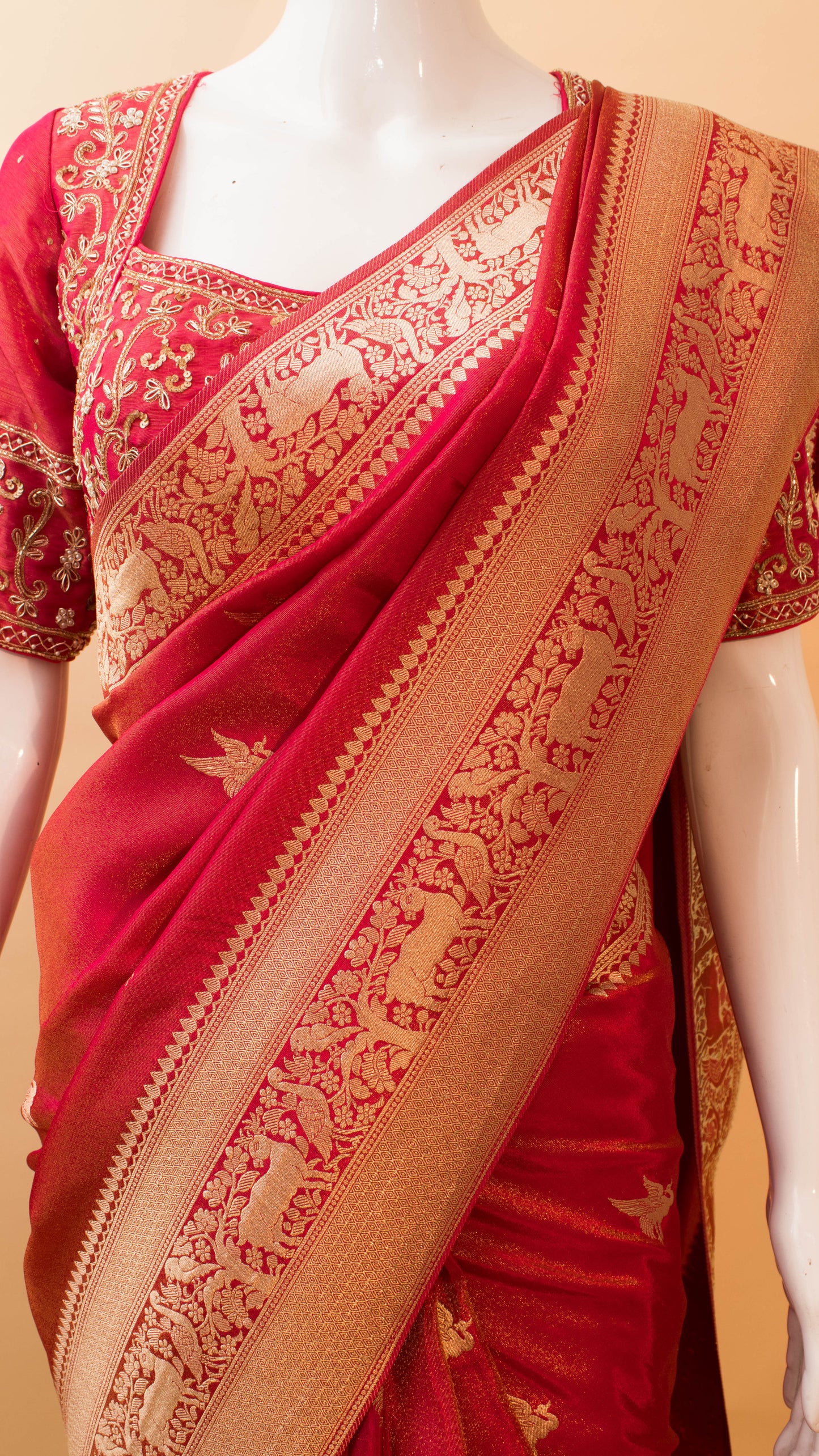 Designer Handwork Blouse With Tissue Weaving Saree - Pink