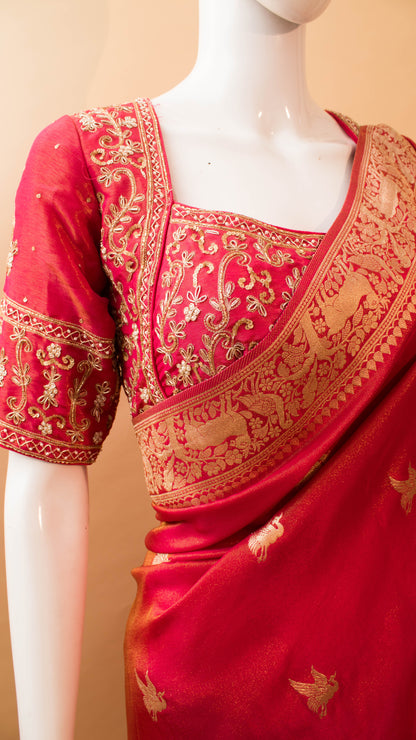 Designer Handwork Blouse With Tissue Weaving Saree - Pink