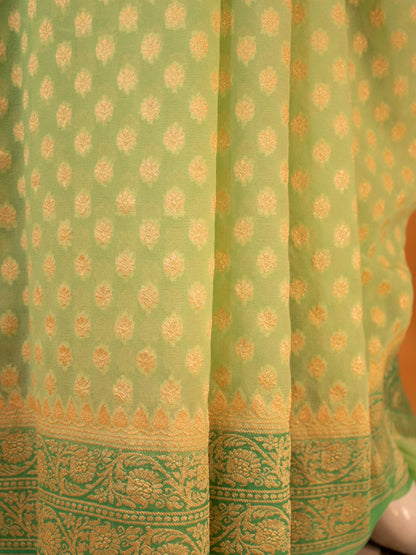 Small Buti All Over In Handloom Banarasi Khaddi - Green