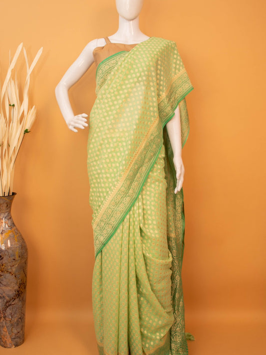 Small Buti All Over In Handloom Banarasi Khaddi - Green