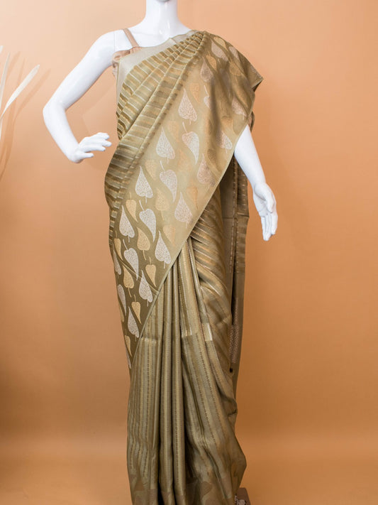 Mashru Silk With Contemporary Leaves Weaving Border - Brown