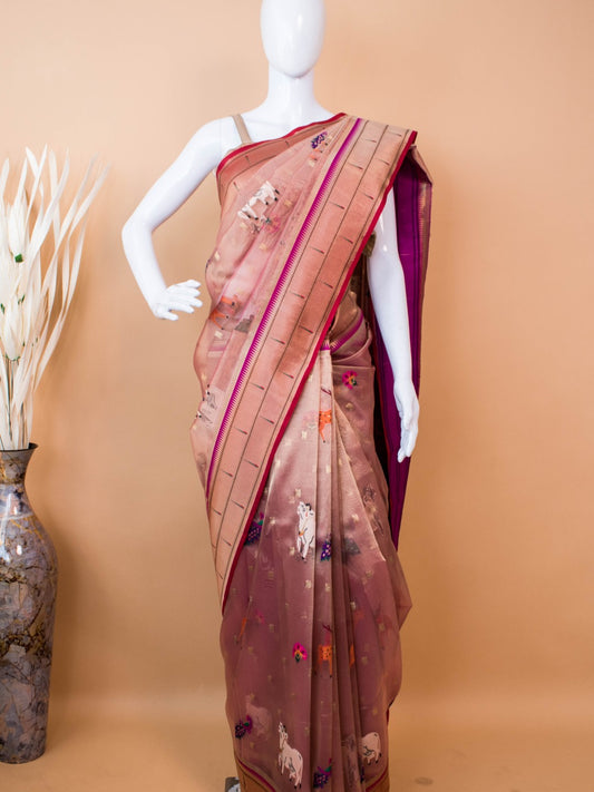 Tissue Saree Conntrast Paithini Border - Peach