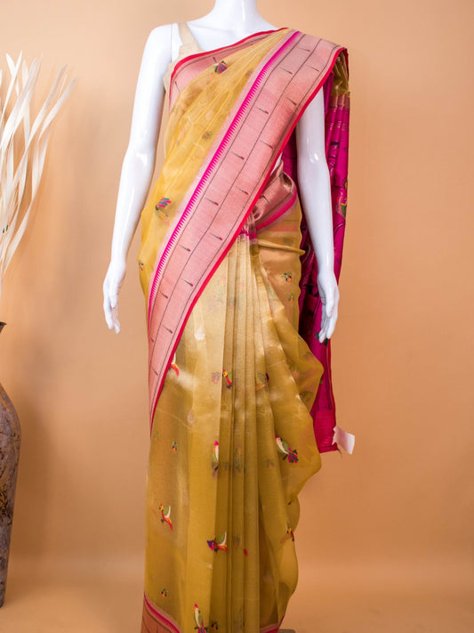 Tissue Saree Contrast Paithini Border -yellow