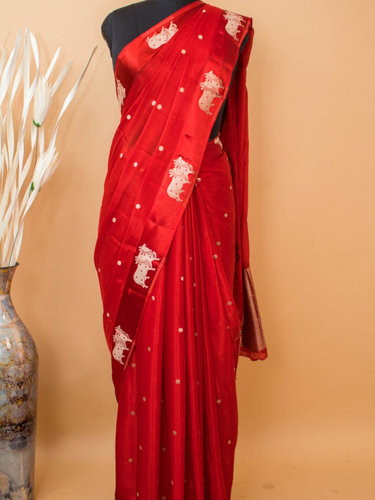 Soft Chinon Saree With Nandi Motif Border - Red