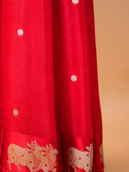 Soft Chinon Saree With Nandi Motif Border - Red