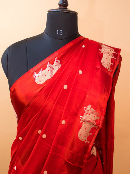 Soft Chinon Saree With Nandi Motif Border - Red