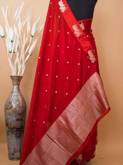 Soft Chinon Saree With Nandi Motif Border - Red
