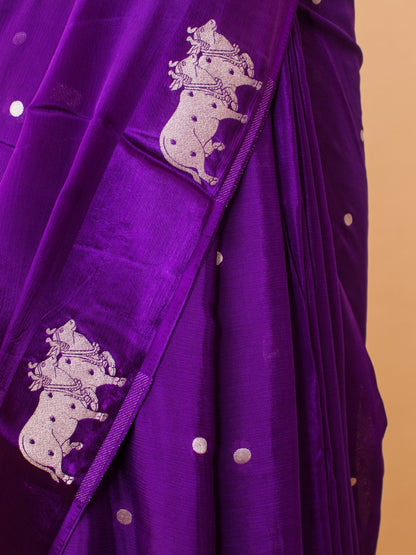 Soft Chinon Saree With Nandi Motif Border - Purple