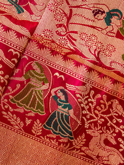 Soft Chinon Saree With Nandi Motif Border- Bottle Green