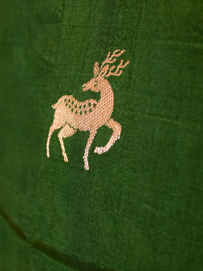 Pure Mashru Silk Deer Motifs In Silver & Golden Zari - Bottle Green