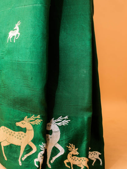 Pure Mashru Silk Deer Motifs In Silver & Golden Zari - Bottle Green