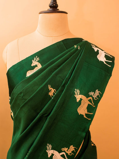 Pure Mashru Silk Deer Motifs In Silver & Golden Zari - Bottle Green