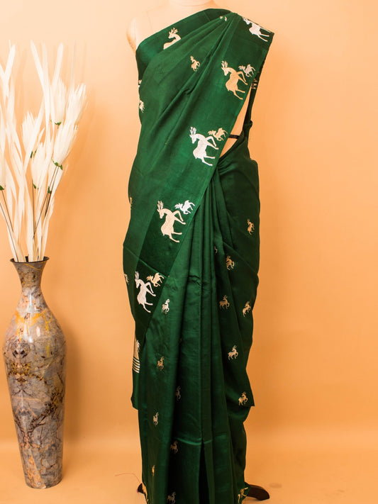 Pure Mashru Silk Deer Motifs In Silver & Golden Zari - Bottle Green