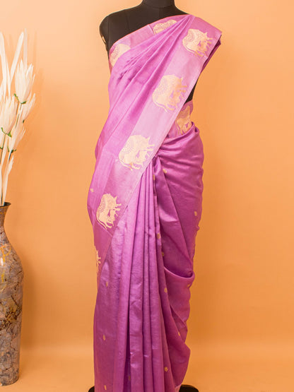 Mother Cow Feeding Its Calf In Pure Mashru Silk Saree - Purple