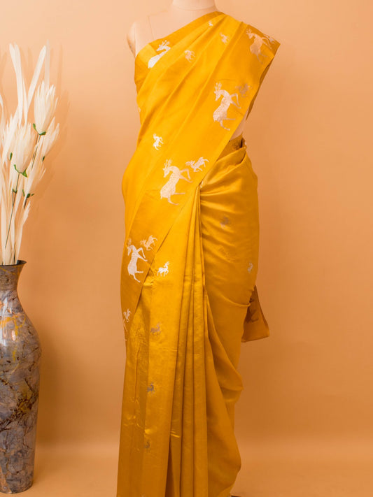 Pure Mashru Silk Deer Motifs In Silver & Golden Zari - Yellow