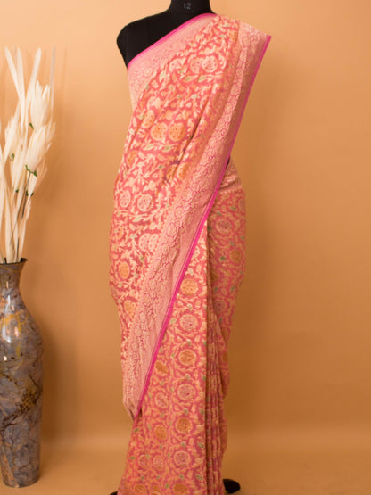 Pure Khaddi Georgette Jaal Meenakari Handbrush Saree - Pink