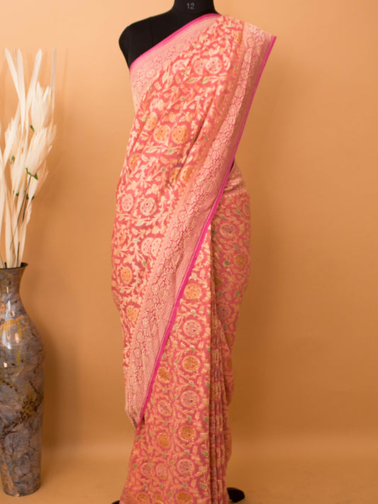 Pure Khaddi Georgette Jaal Meenakari Handbrush Saree - Pink