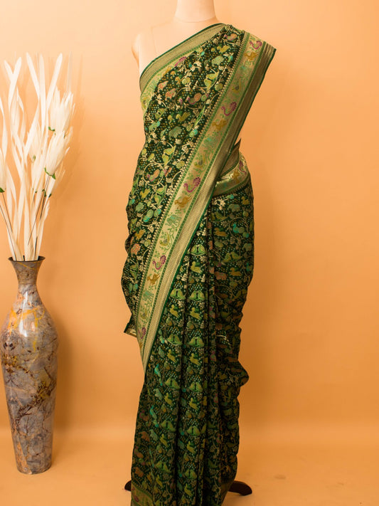 Khaddi Bandhej With Meenakari Shikargha Saree - Green