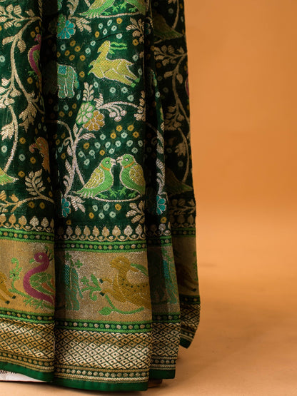 Khaddi Bandhej With Meenakari Shikargha Saree - Green