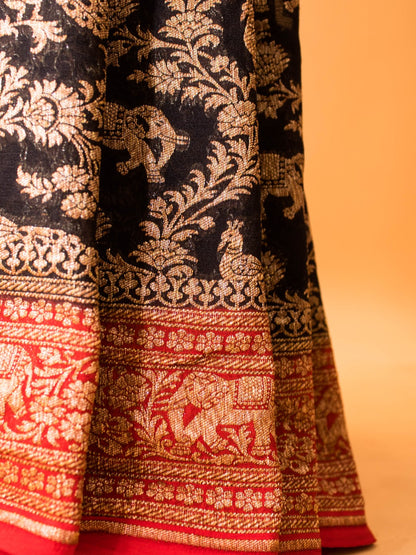 Classic Green Red Combination In Khaddi Banarasi Antique Zari Saree - Black
