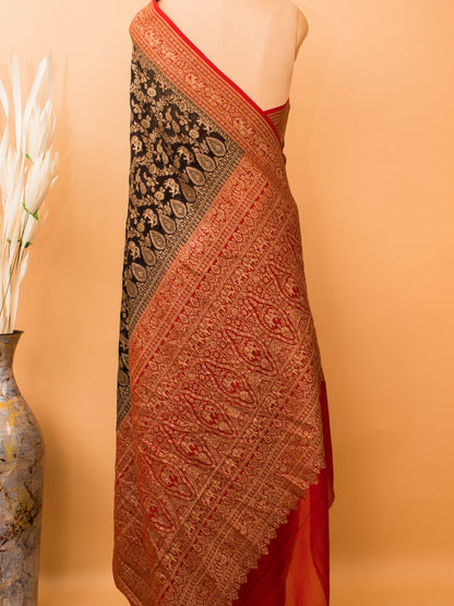 Classic Green Red Combination In Khaddi Banarasi Antique Zari Saree - Black