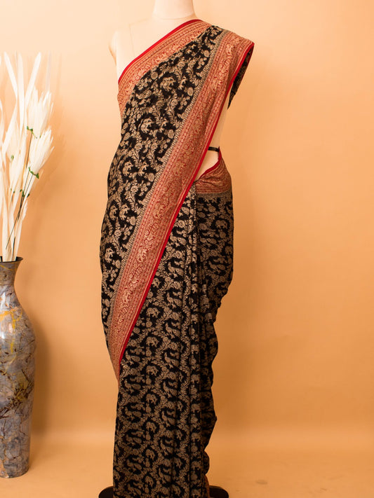 Classic Green Red Combination In Khaddi Banarasi Antique Zari Saree - Black