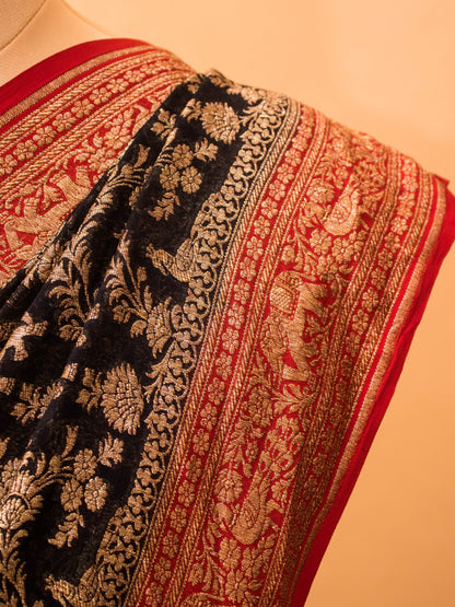 Classic Green Red Combination In Khaddi Banarasi Antique Zari Saree - Black