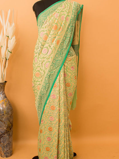 Pure Khaddi Georgette Jaal Meenakari Handbrush Saree - Green