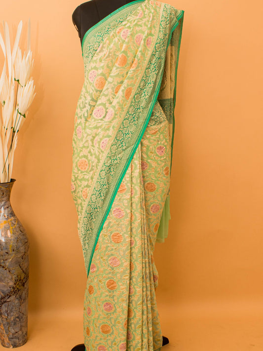 Pure Khaddi Georgette Jaal Meenakari Handbrush Saree - Green