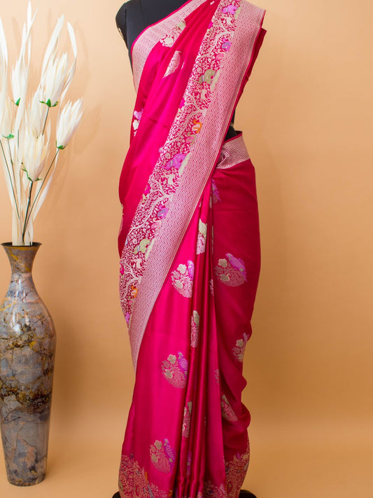 Mashru Silk Meenakari Jungle Theme Border - Pink