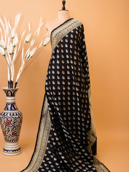 Pure Kataan Silk With Alphi Buta In Black Color