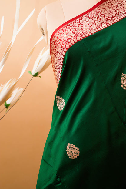 Traditional Pure Kataan Silk With Rangkaat Border Butti-Green