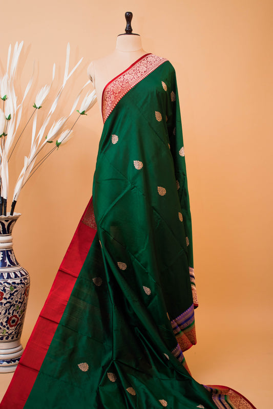 Traditional Pure Kataan Silk With Rangkaat Border Butti-Green
