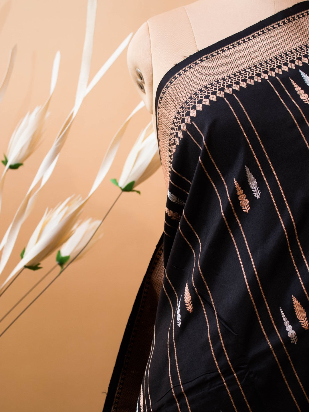 Pure Kataan Silk With Silver N Copper Zari On Black Color