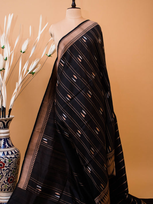 Pure Kataan Silk With Silver N Copper Zari On Black Color