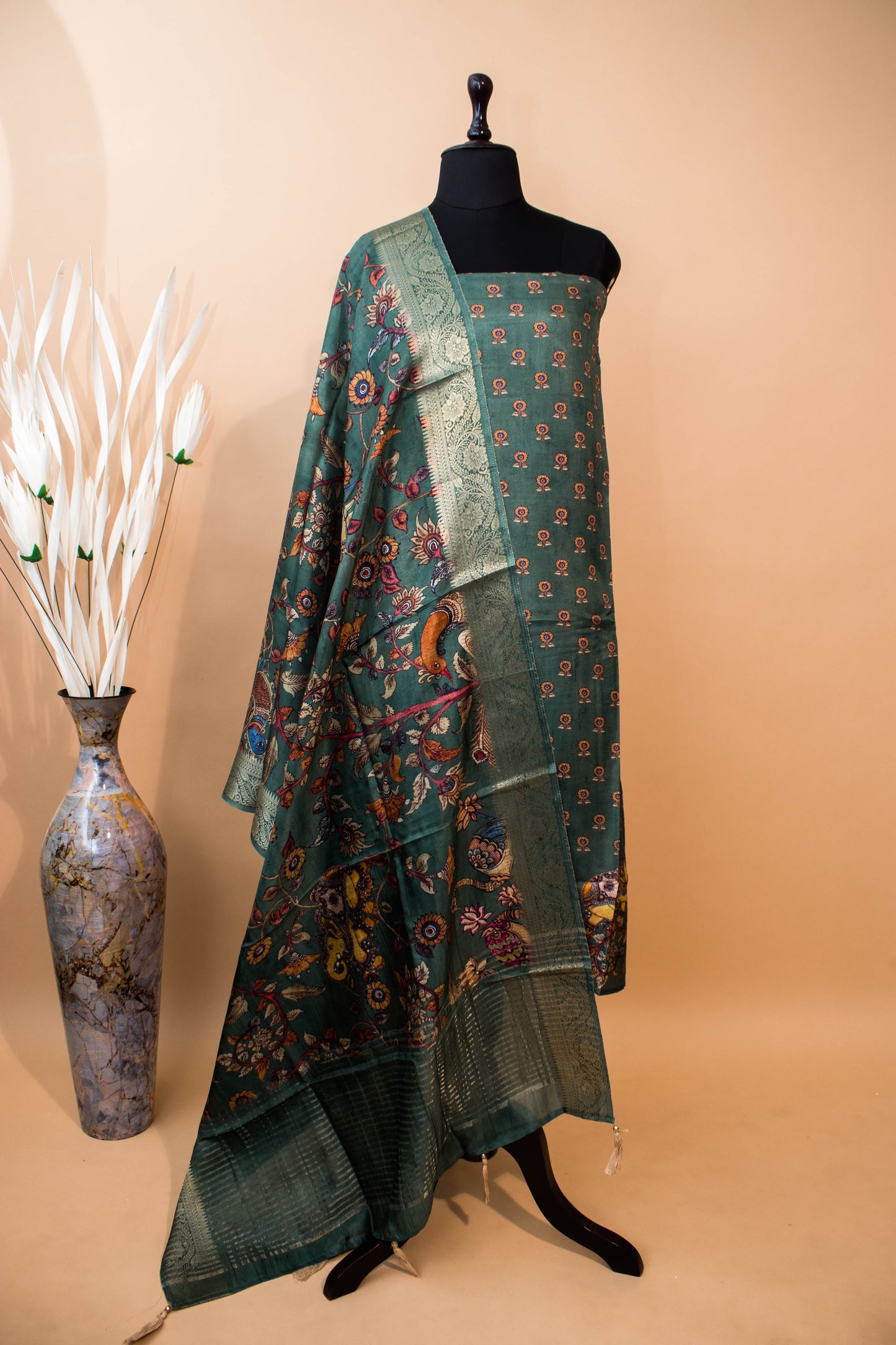 Pure Silk Kalamkari Printed Style Suits - Green
