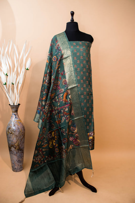Pure Silk Kalamkari Printed Style Suits - Green
