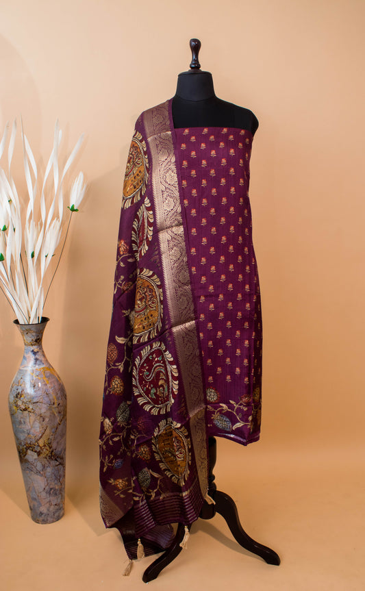 Pure Silk Kalamkari Printed Style Suits - Wine